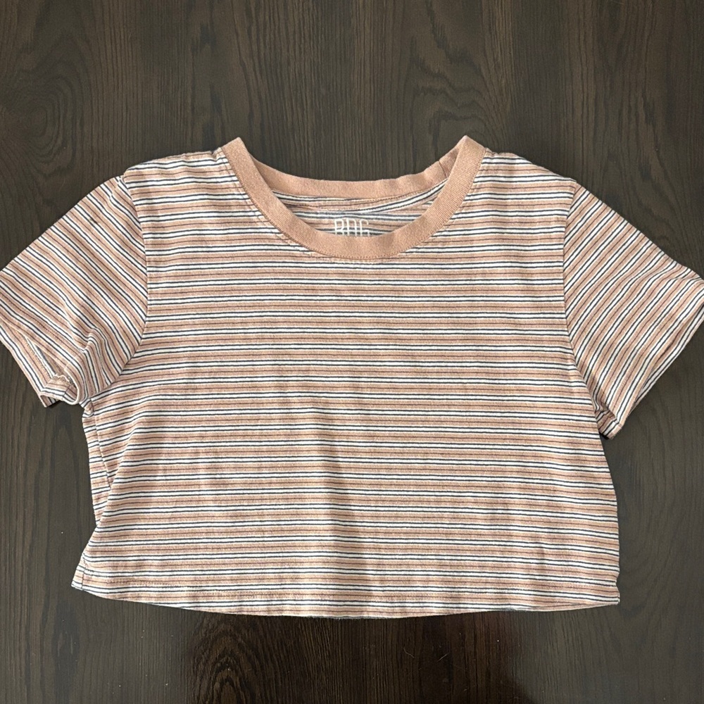 BDG Urban Outfitters Striped Boxy Cropped Shirt Tan Navy White Sz S 100% Cotton